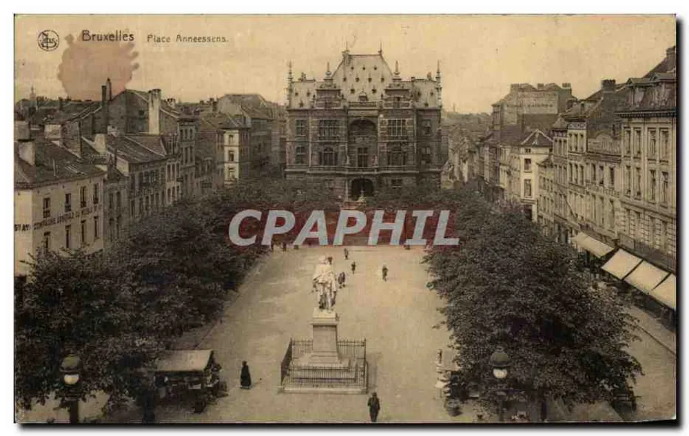 Brukselka - Plac Anneessens — widok z placu z centralną statuą i monumentalnym budynkiem — Em. Till, seria I, n° 103 - Awers
