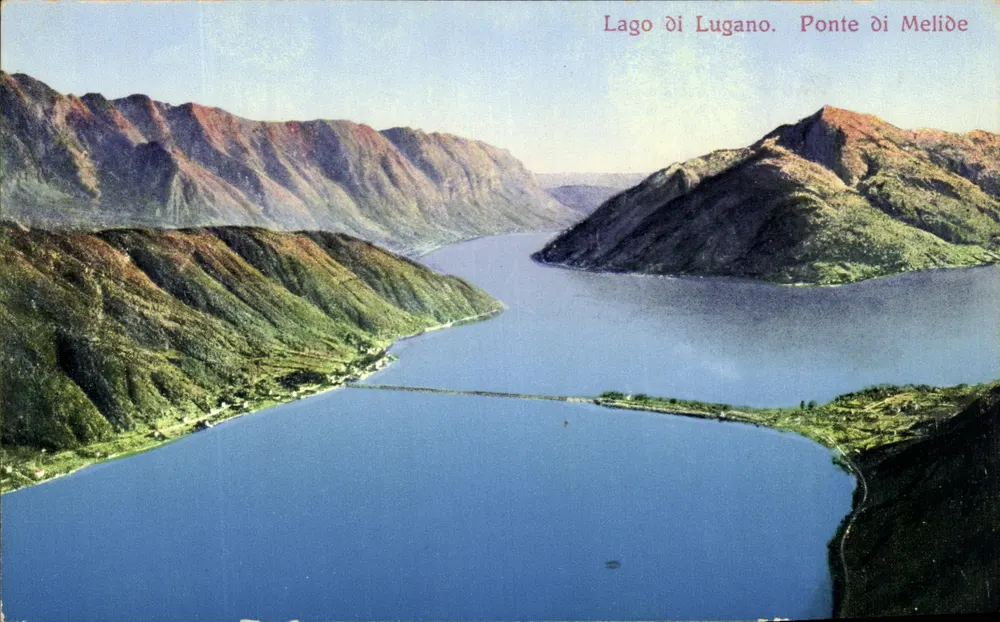 Lago de Lugano. Ponte de Melide — vista panorâmica — Paul Bender, Zurique, 5982 - Frente