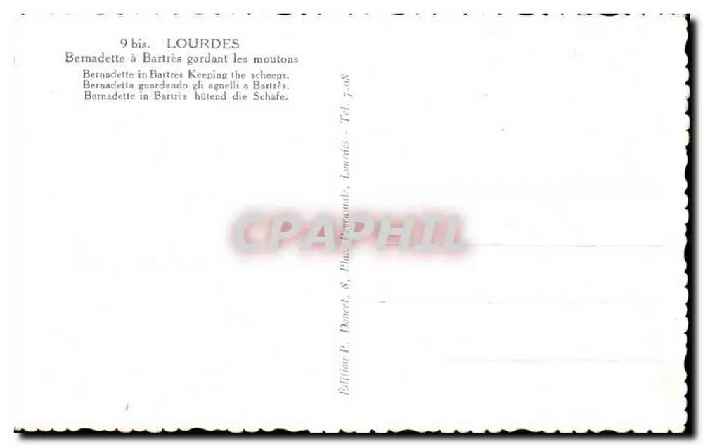 Bernadette in Bartrès, die Schafe hütet — Edition P. Ducet, S. Place Bernard, Lourdes — Nr. 9 bis - Rückseite