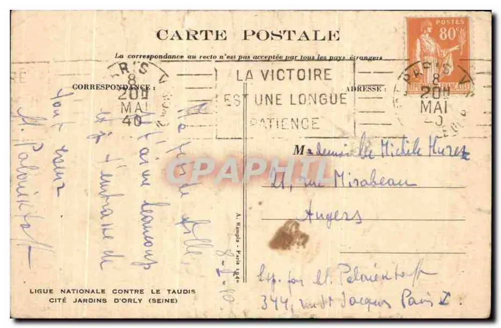 Enfants sous un parapluie — scène champêtre avec huttes — éditeur : LIGUE NATIONALE CONTRE LE TAUDIS - Achterkant