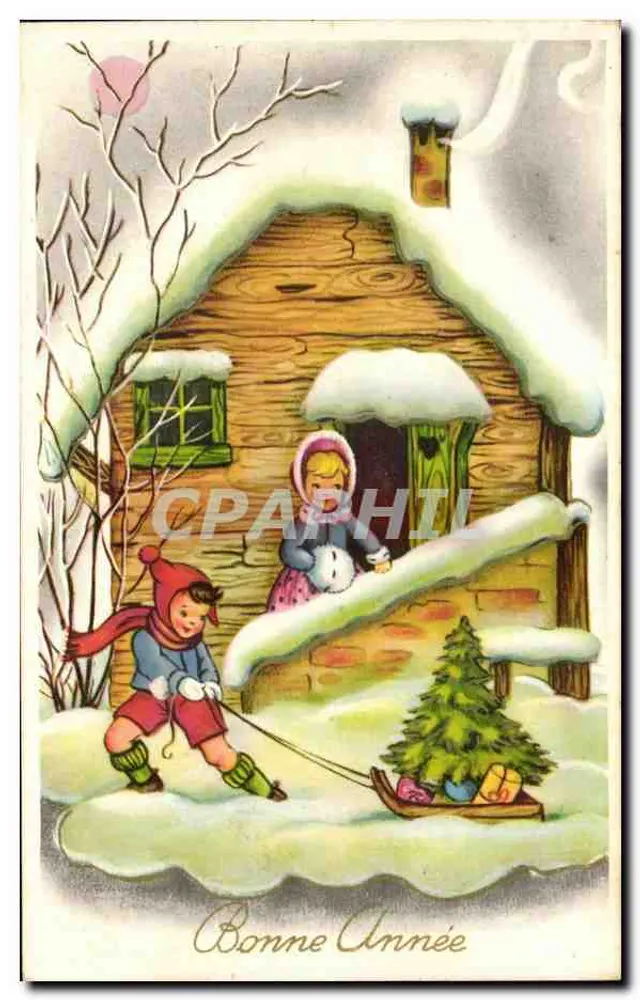 Crianças brincando na neve em frente a uma cabana — cena de Natal — texto 'Bom Ano' - Frente