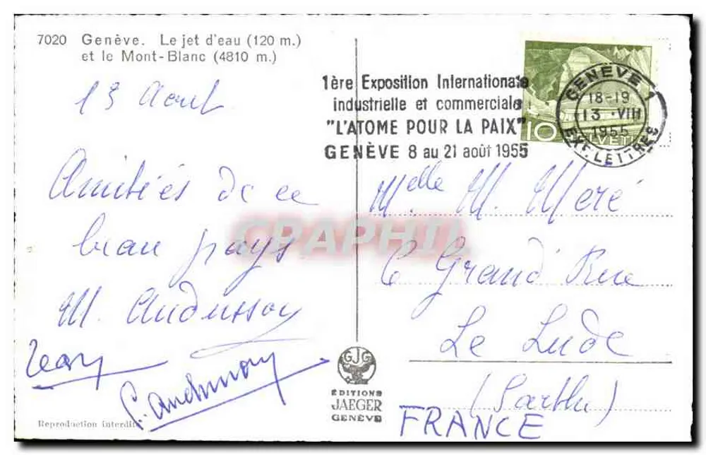 Genf — Der Wasserstrahl (120 m.) und der Mont-Blanc (4810 m.) — Editions Jaeger - Rückseite