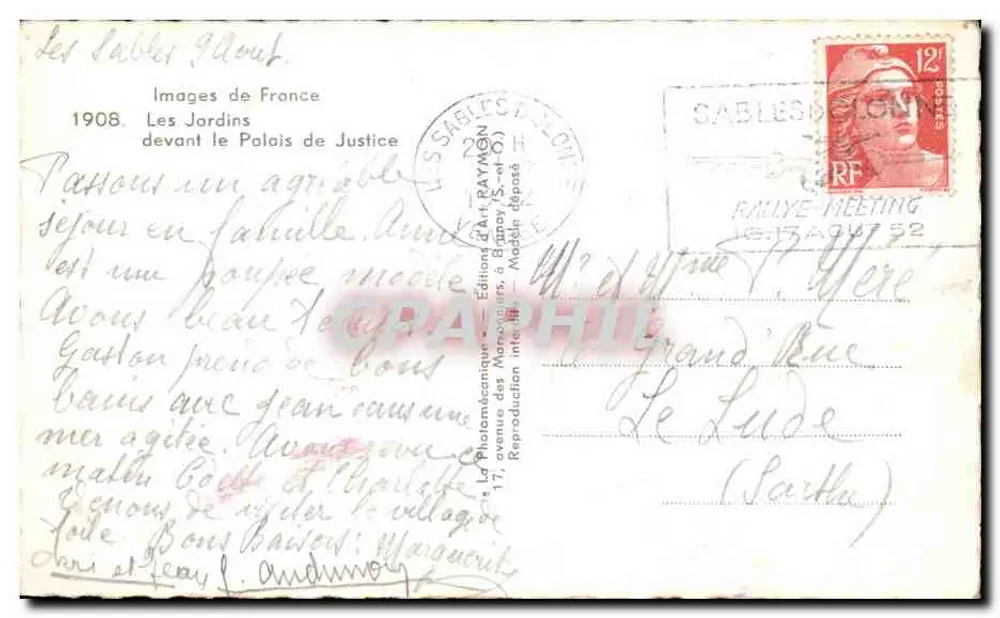 Les Sables d'Olonne — Jardins em frente ao Palácio de Justiça — Éditions D'Art Raymony - Verso
