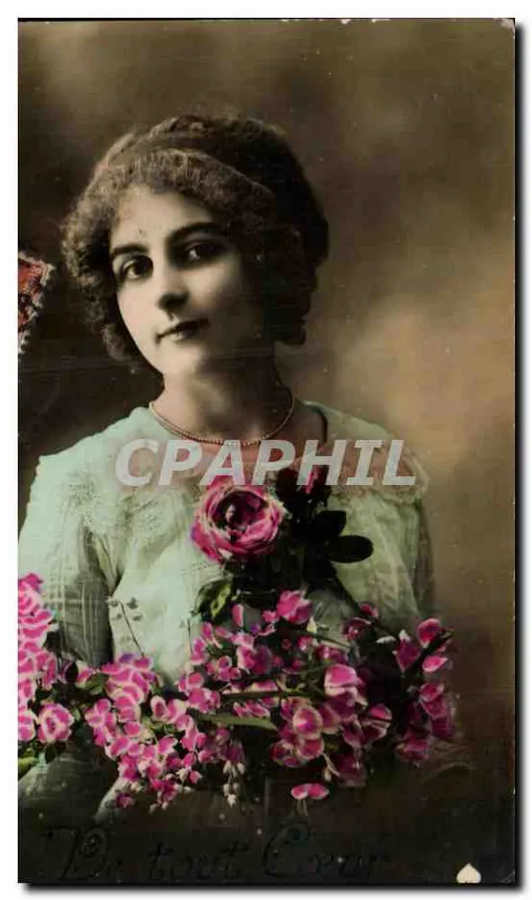Junge Frau mit Rosen- und Orchideenbouquet — Verlag 'Le ticket Cory' — unbekannte Serie - Vorderseite