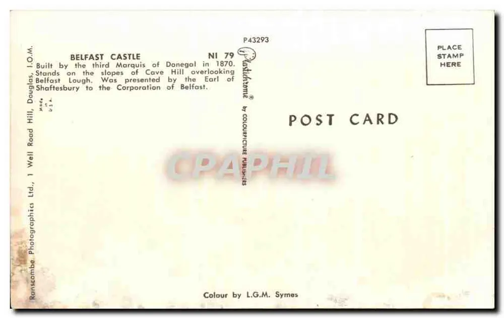 Castelo de Belfast — construído em 1870 — Ranscombe Photographics Ltd, n° NI 79 - Verso
