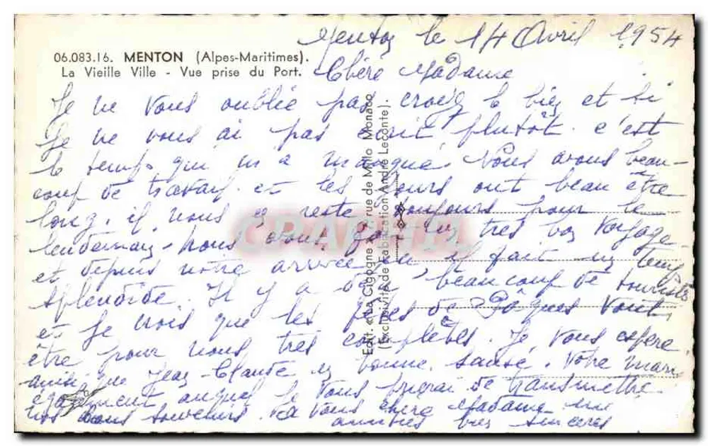 Menton - Die Storch - Ansicht vom Hafen - Verlag Die Storch, Nr. 06.083.16 - Rückseite