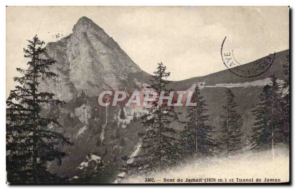 Dente de Jamam (1878 m.) e Tunel de Jamam — Phototypie Co., Neuchâtel, n° 3302 - Frente