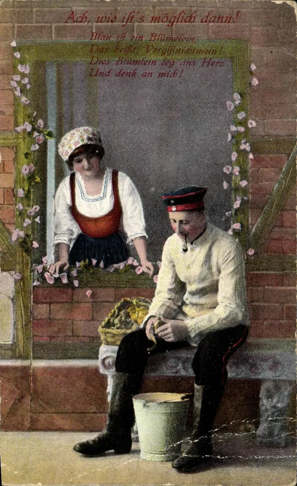 Jeune femme en tablier rouge et jeune homme en uniforme — scène de balcon fleuri — éditeur 'H. Schäfer & Co.' n° 805/II - Frente
