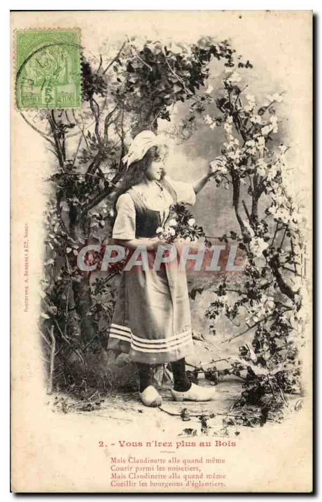 Femme en costume rural cueillant des fleurs — scène de jardin — éditeur PAPORTINE A. BASSERET & Cie, Nancy, n°2 - Frente