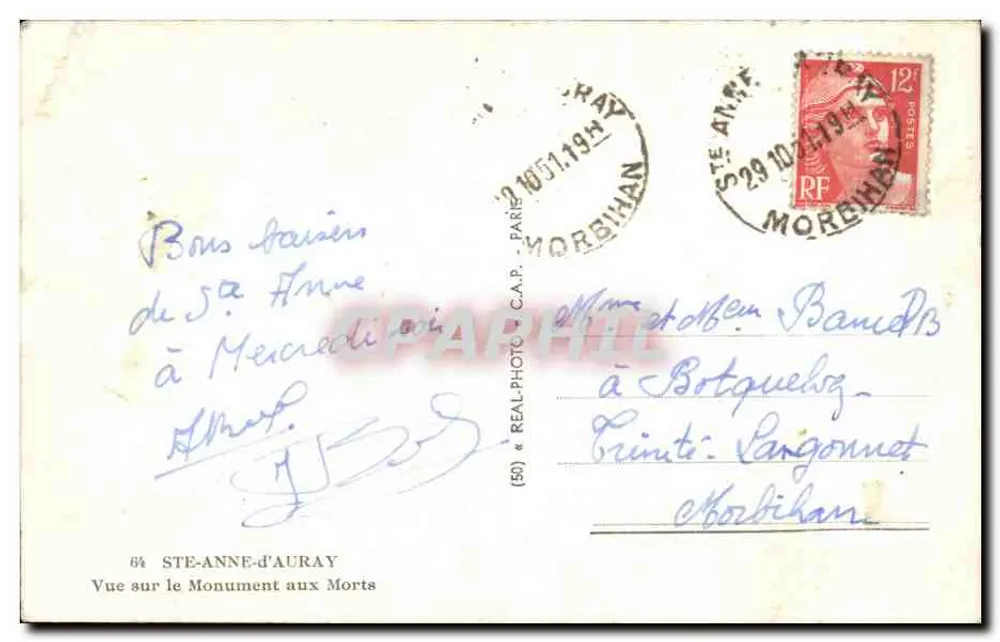 Ansicht des Kriegsdenkmals — Ste-Anne-d'Auray — Verlag REAL-PHOTO C.A.P. - Rückseite