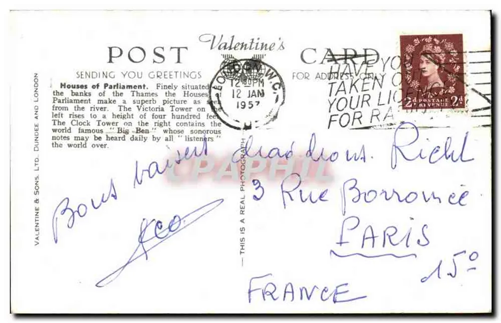 Häuser des Parlaments, London — Ansicht von der Themse — Valentine's Postcard, Nr. K 810 - Rückseite