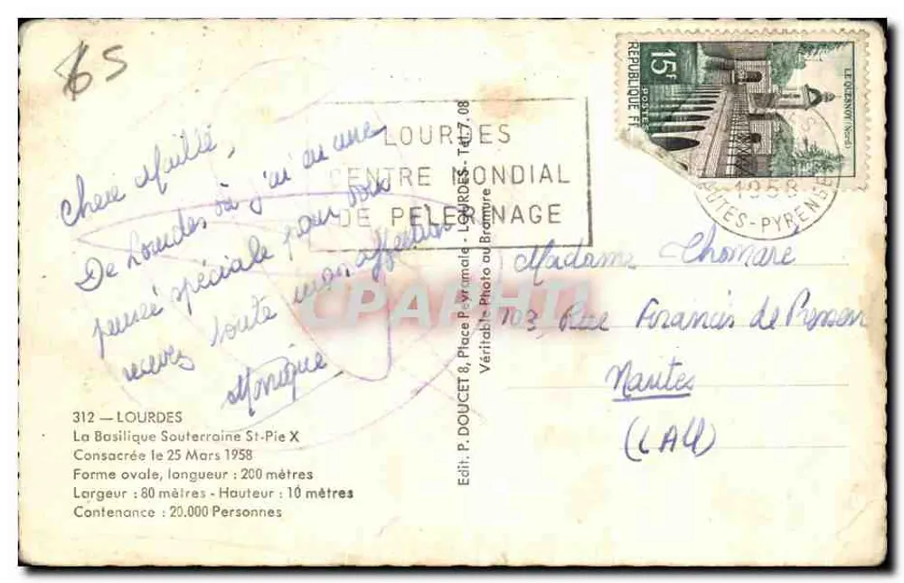Basilique souterraine Saint-Pierre — Centre mondial de pèlerinage à Lourdes — Éditeur P. Doucet & Place Bramure - Verso