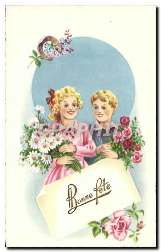 Kinder mit Blumensträußen — Frohe Geburtstagskarte — M. D. Paris, Serie 3.200 - Vorderseite
