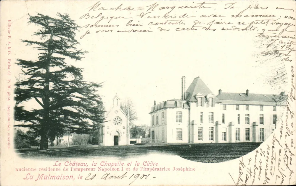 La Malmaison — Le Château, la Chapelle et le Cèdre, ancienne résidence de l'Empereur Napoléon Ier et de l'Impératrice Joséphine — Éditeur P. S. & D. Erika 63 - Vorderseite
