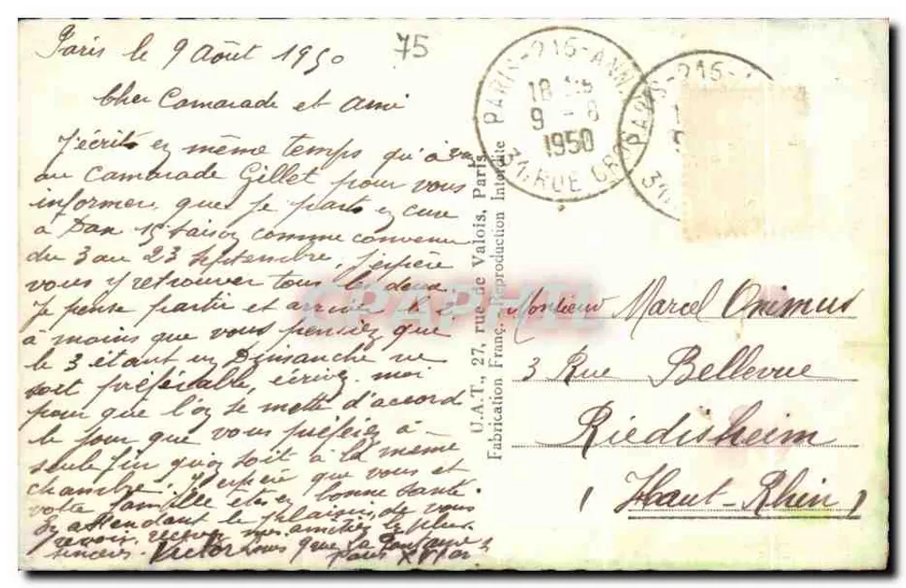Paris — A Madeleine — U.A.T. Fabrication Imprime - Verso