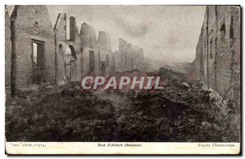 Rue d'Albert (Somme) — ruines après la guerre — éditeur 'GEO.' n° XXXIX, datée 1914 - Voorkant