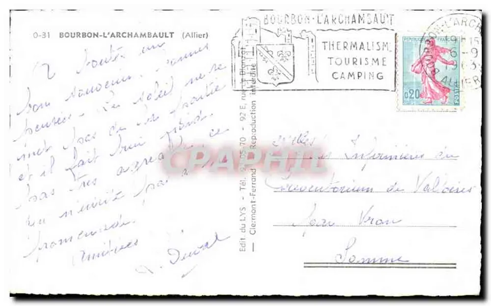 Bourbon-l'Archambault — vista geral, castelo, cassino, lago — editor Ed. du Lys - Verso