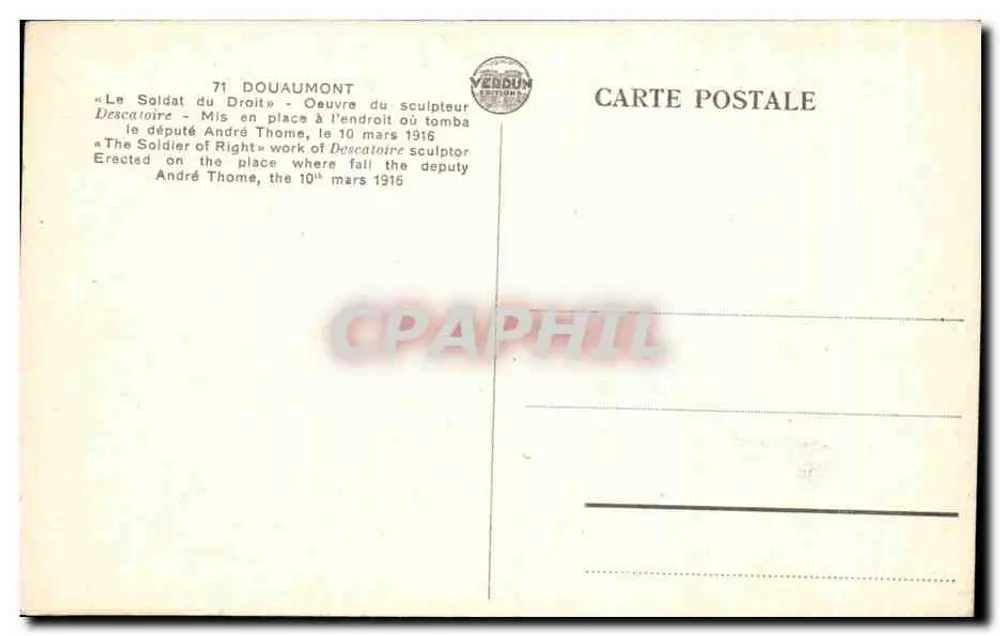 Der Soldat des Rechts — Denkmal in Douaumont — Verlag Vendun, Nr. 71 - Rückseite