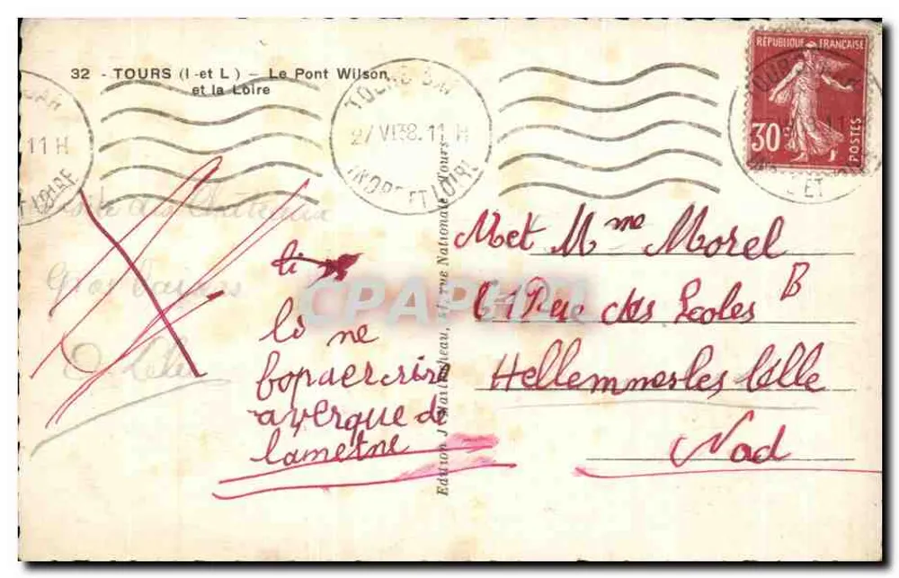 Tours — El Puente Wilson y la Loira — Edición J. Maitrebeau, n°32 - Reverso