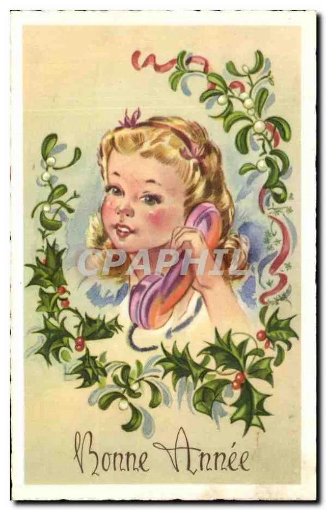 Fille avec téléphone — décor de gui — éditeur M. D. PARIS, série 3175 - Frente