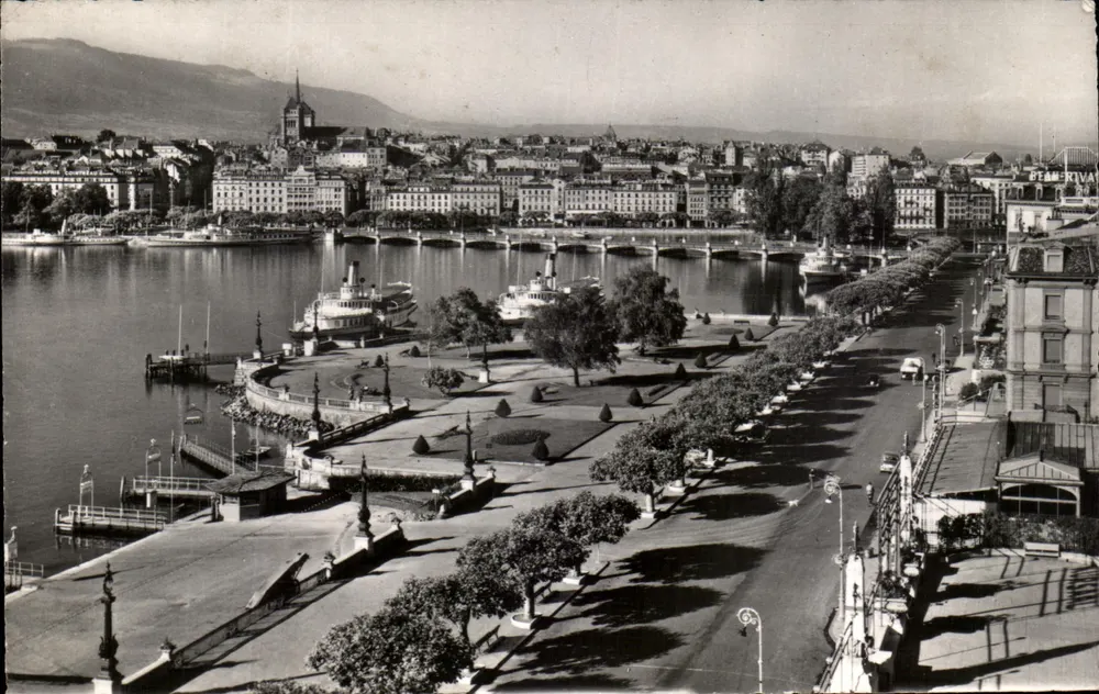Genf. Quai du Mont-Blanc und Blick auf die Stadt — Éditions Jaeger, n° 7002 - Vorderseite