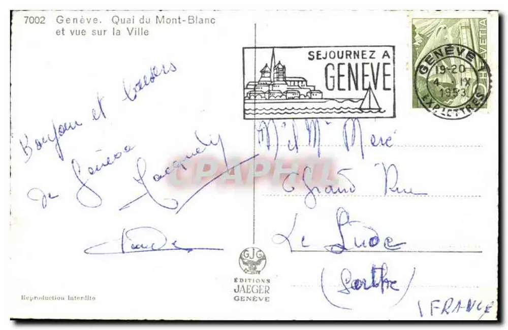 Genf. Quai du Mont-Blanc und Blick auf die Stadt — Éditions Jaeger, n° 7002 - Rückseite