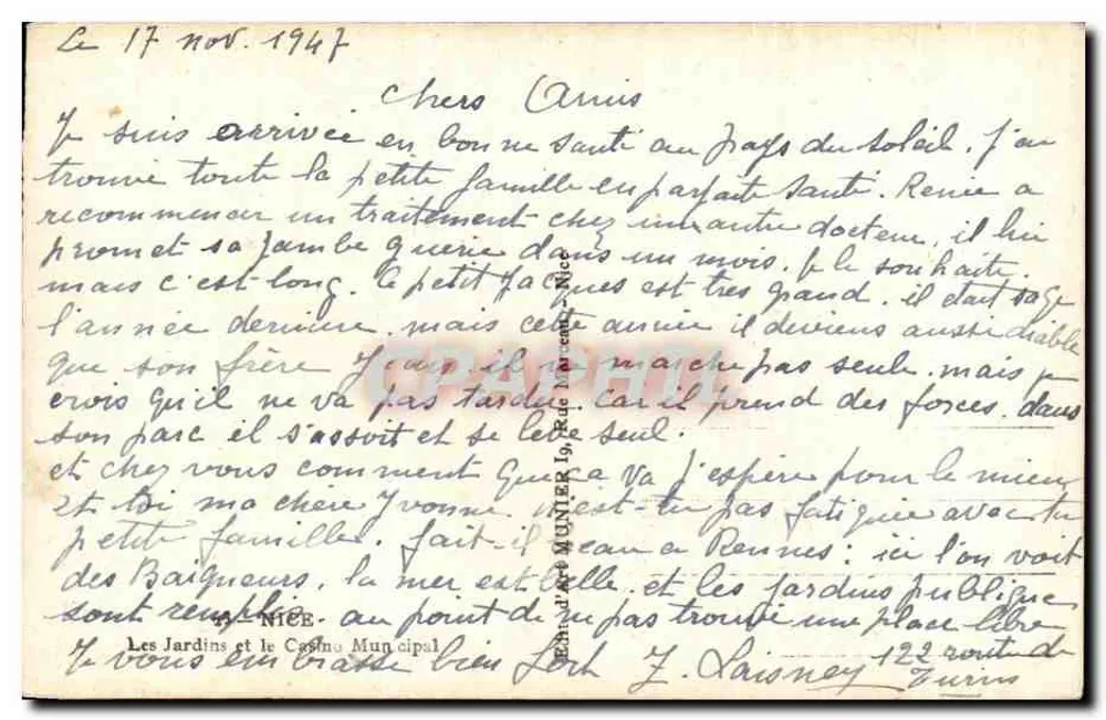 Os Jardins e o Casino Municipal — Nice — editor MUNIER, n° 19 - Verso