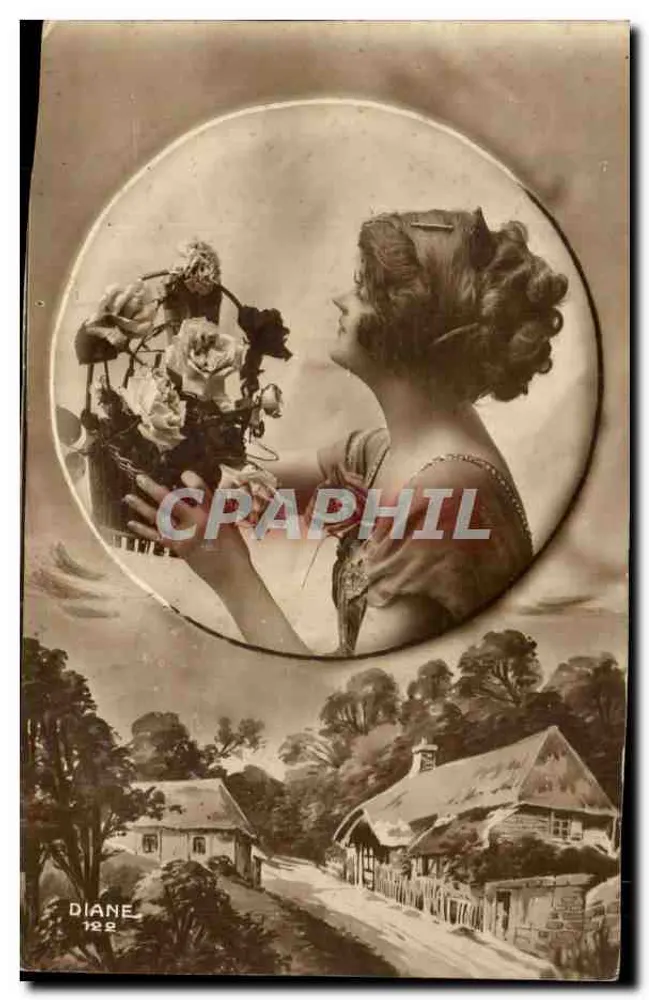 Femme tenant un panier de roses — scène de village — éditeur DIANE, n° 122 - Frente