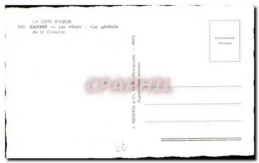 Cannes — Allgemeiner Blick auf die Croisette — Die Hotels — Verlag L. Gilletta & Cie, Nr. 339 - Rückseite
