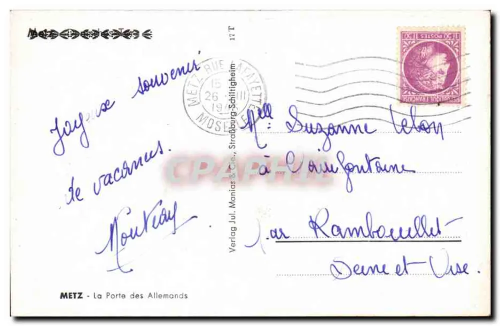 Metz - La Porte des Allemands — Verlag Jul. Monias & Cie, Straßburg-Schiltigheim - Rückseite