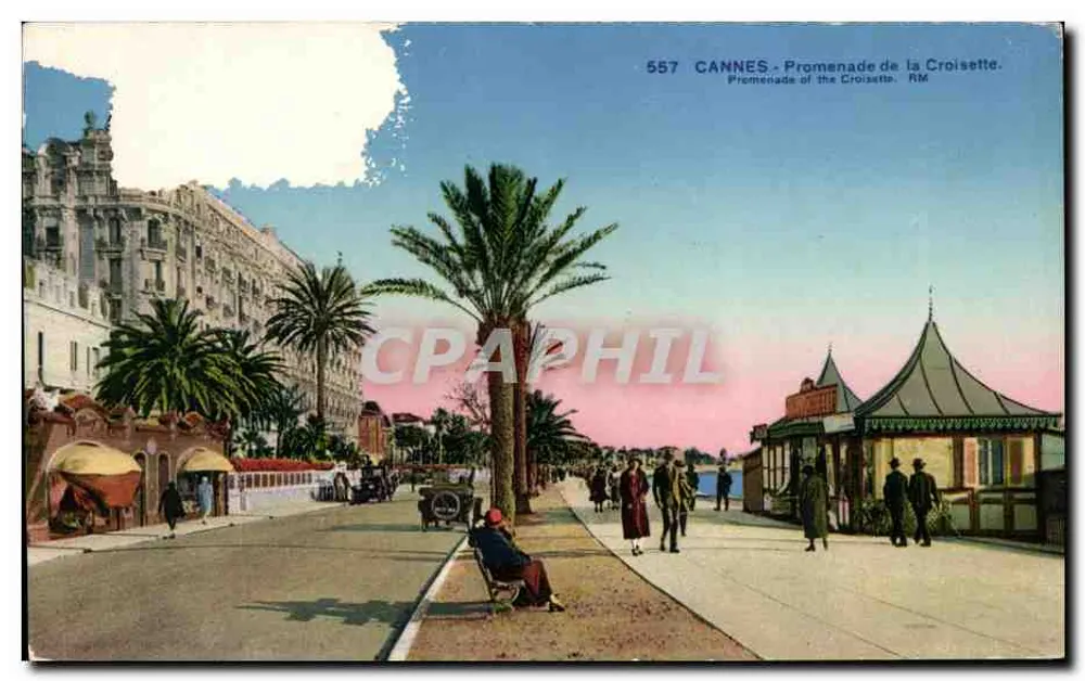 CANNES - Promenade de la Croisette — vue de la promenade avec palmiers et bâtiment, éditeur ROSTAN & MUNIER, n° 557 - Frente
