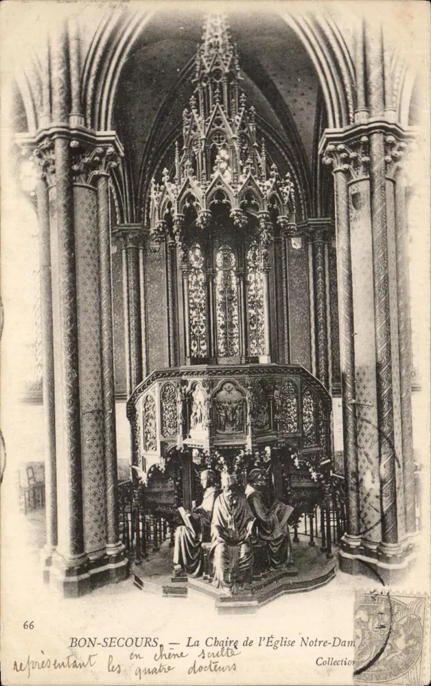Bonsecours — Die Predigtbank der Kirche Notre-Dame aus geschnitztem Eichenholz, die die vier Doktoren der Kirche darstellt - Vorderseite