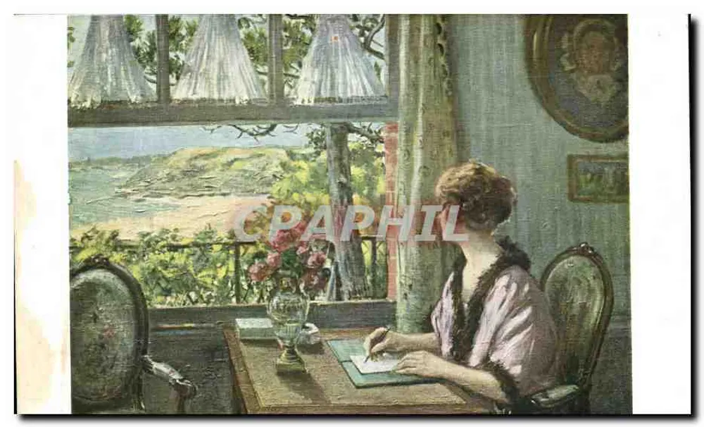 Mulher escrevendo na janela — vista do mar — editor Alberti, n° 5263 - Frente