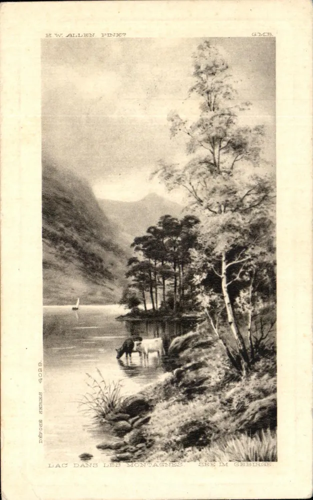 Lac dans les montagnes — vue de lac entouré de montagnes avec vaches près de la rive — éditeur G.M.B. n° 4029 - Recto