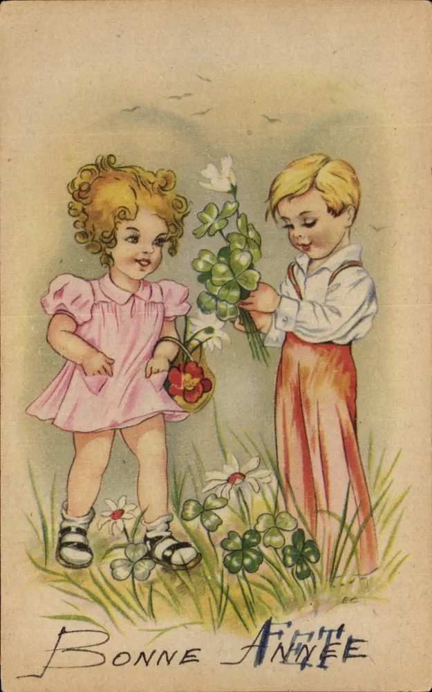 Twee kinderen met bloemen — Gelukkig nieuwjaar — Uitgever EC, serie-nummer niet zichtbaar - Voorkant