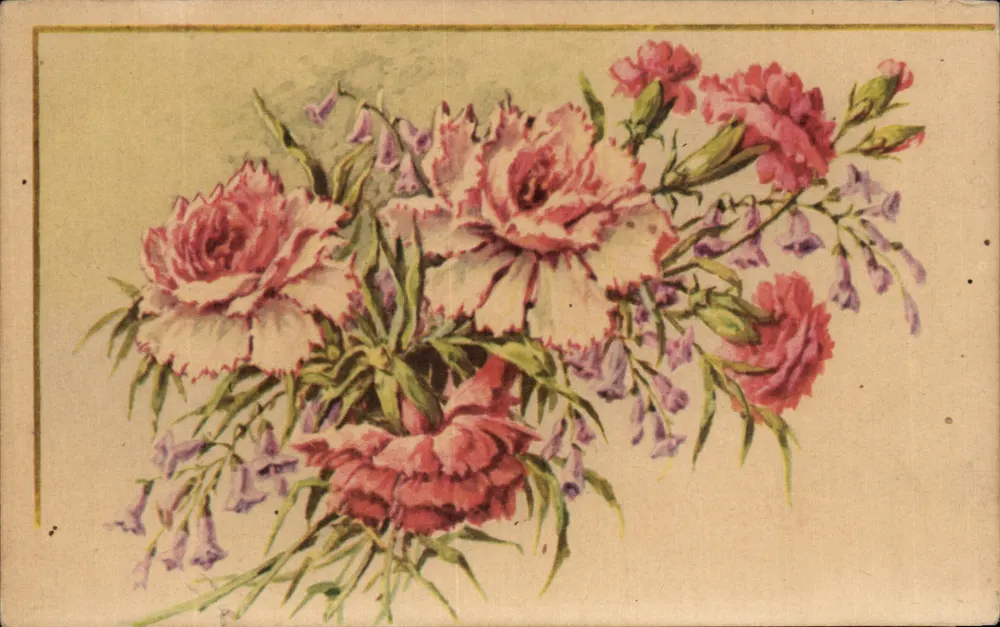 Arranjo de pêssegos e flores azuis — Editor E.R. Paris - Frente