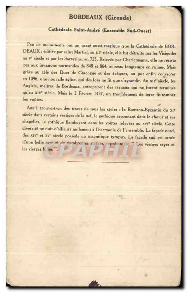 Bordeaux — Catedral de São André (Conjunto Sudoeste) — 3ª Série, Coleção da Kolarsine e da Solução Pautauberger - Verso