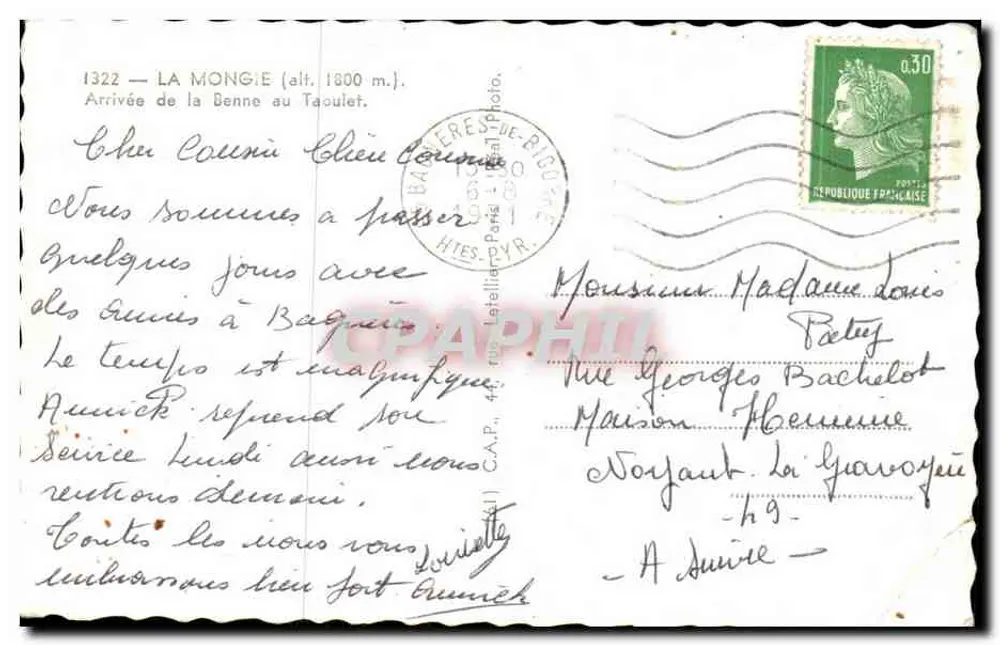 La Mongie — Arrivée de la Benne au Taoulet — C.A.P. (éditeur imprimé sur la carte) - Verso