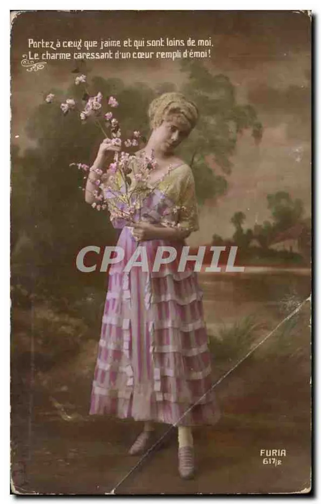 Jeune femme en robe à rayures — scène bucolique — éditeur FURIA n° 617/2 - Vorderseite