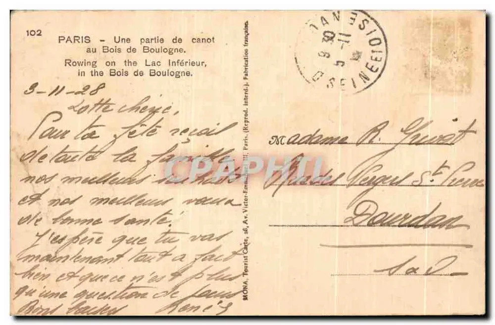 Bois de Boulogne — Szene mit Kanufahren auf dem unteren See — Verlag Mona - Rückseite