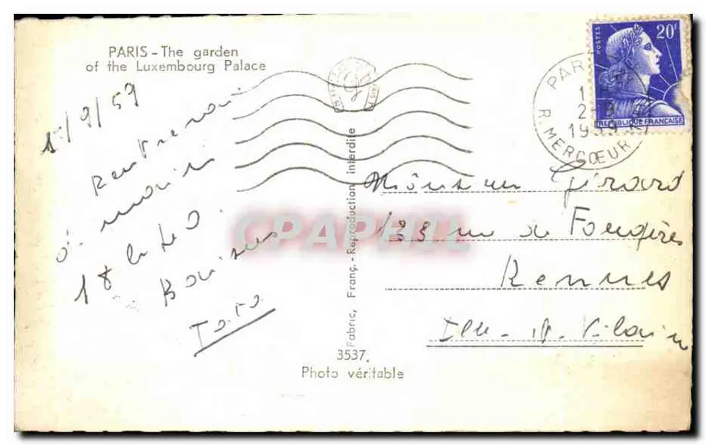 Jardim do Luxembourg — Paris — editor Gay — n° 3537 - Verso