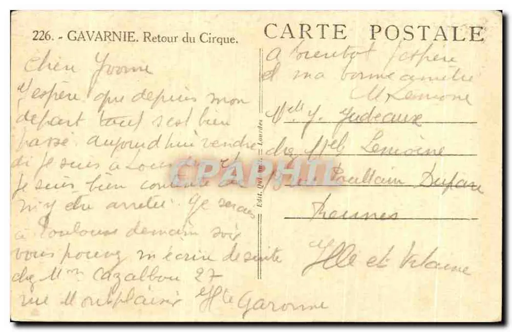 Gavarnie — Retorno do Circo — Editor Janou, n° 226 - Verso
