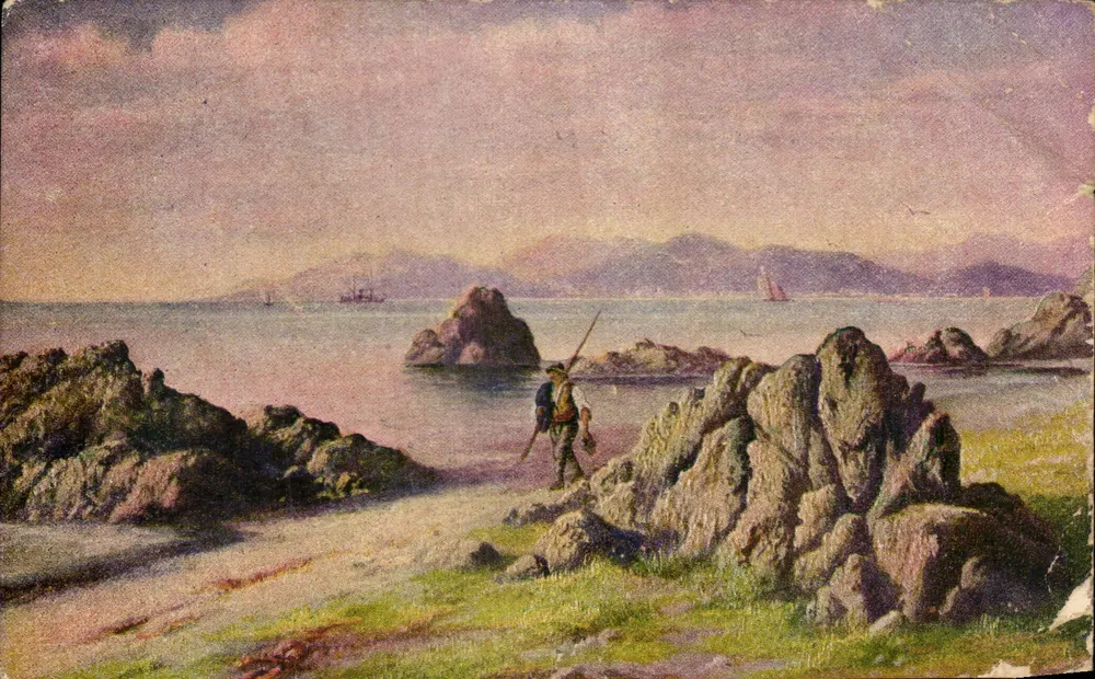 Paysage côtier — pêcheur sur un sentier rocheux — Édition de la Chocolaterie d'Aiguebelle - Anverso