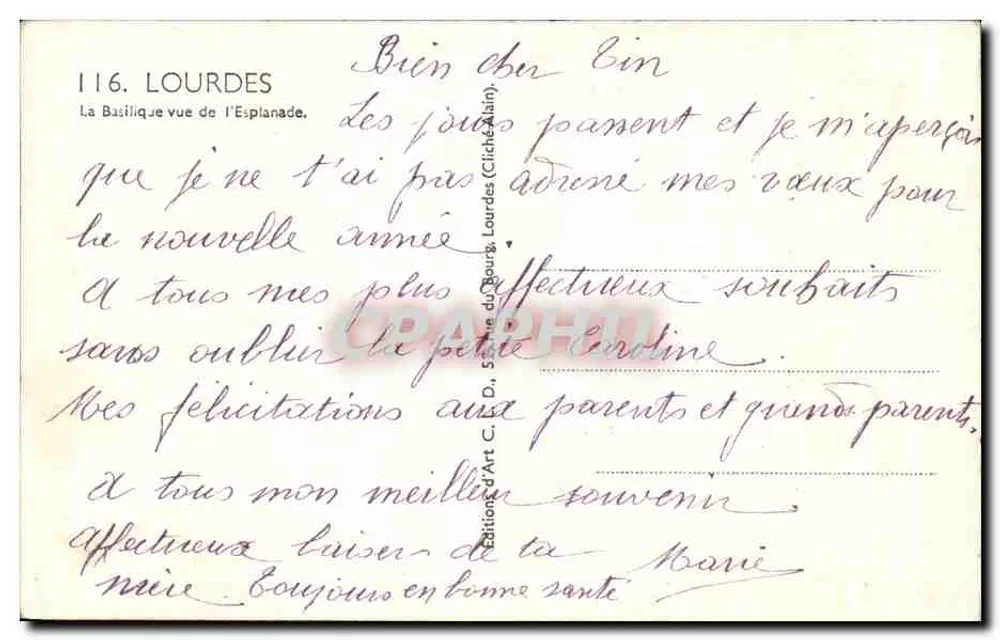 Lourdes — A Basílica vista da Esplanada — Editor Alain, n° 116 - Verso