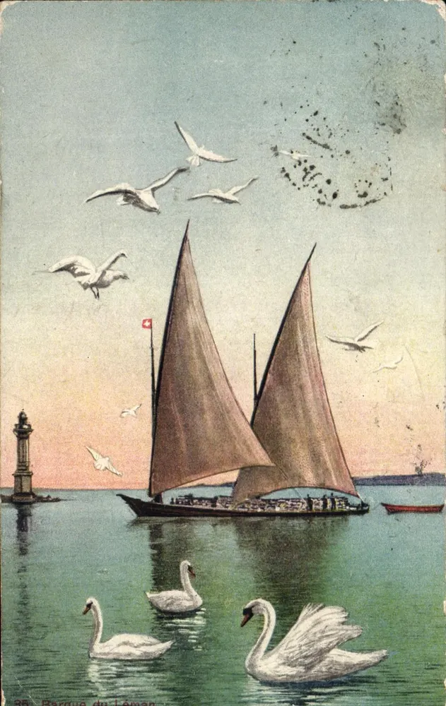 Lakesicht der Barque du Léman mit Schwänen und Leuchtturm — Edition Auriès, Nr. 35 - Vorderseite