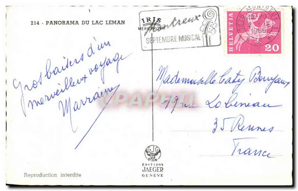 Lago Léman — panorama — Edições Jaeger Genebra, n° 214 - Verso