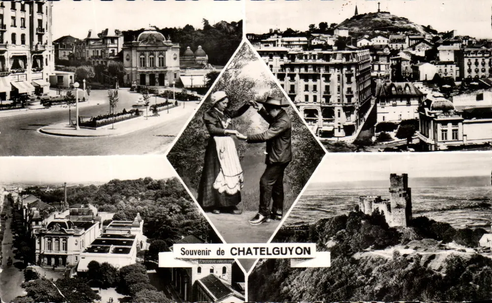 Châtelguyon — Vista general, castillo, pareja y paisaje — Réal-Photo - Anverso