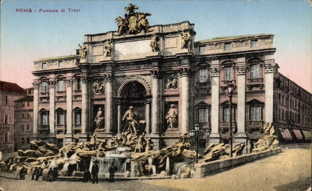 Roma - Fuente de Trevi — vista de la fuente con esculturas y columnas — editor Tarjeta postal antigua - Anverso