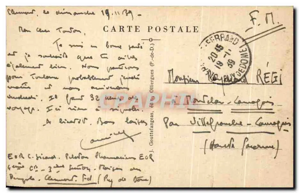 Clermont Ferrand — La Préfecture — G.D.O. 1197 - Verso