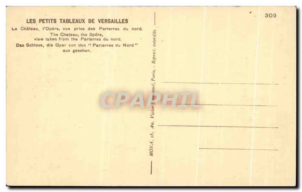 Das Opernhaus Schloss — Blick vom nördlichen Parterre — Les Petits Tableaux de Versailles, Nr. 309 - Rückseite